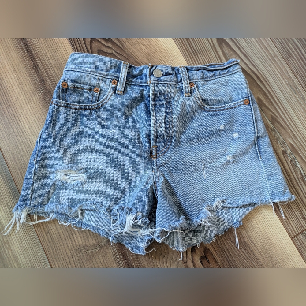 Levi Strauss Levi's Original Riveted High Rise Distressed Denim Jean Shorts 26